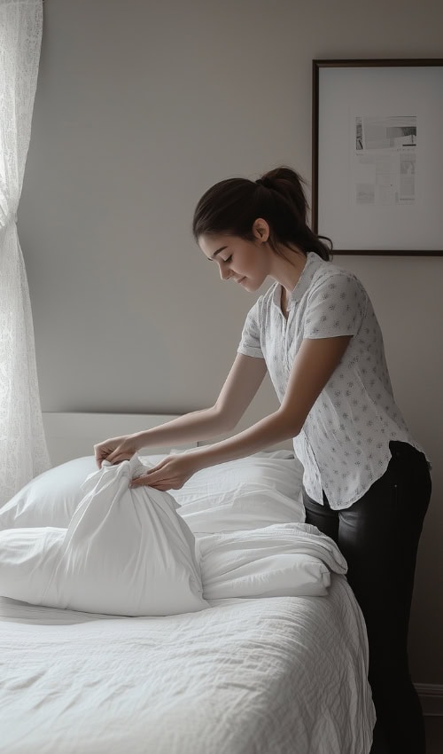 woman makes her bed following a realistic cleaning schedule