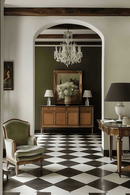 beautiful foyer in grand home with tile floor and chandelier and vintage furniture