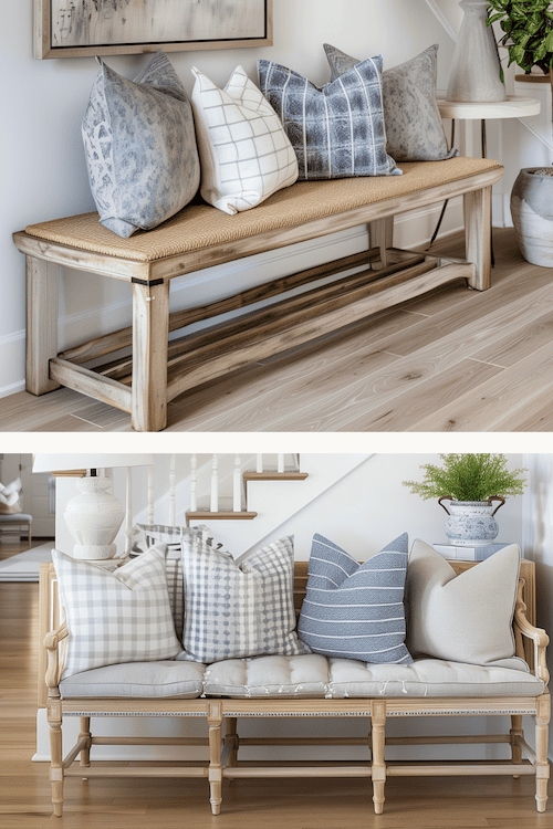 fluffy blue and grey pillows on foyer bench