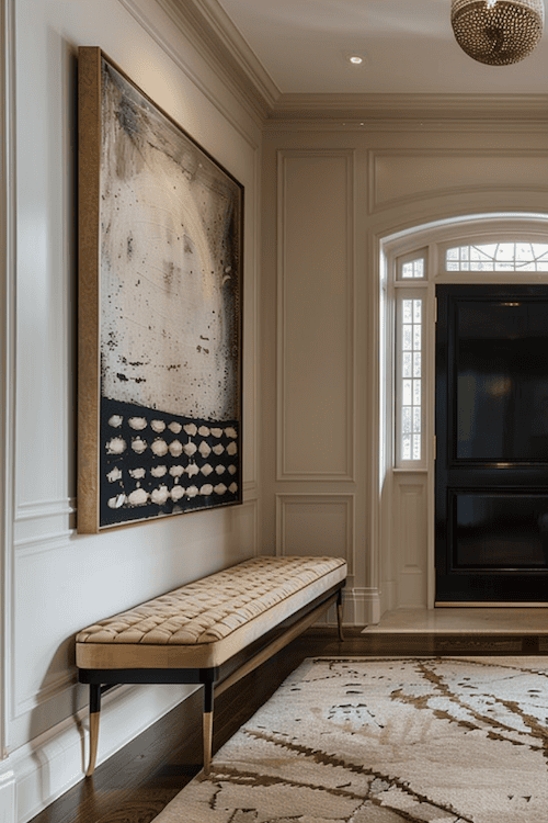 modern art hangs in foyer with antique bench in foyer that wows