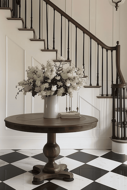 round table in foyer with flowers