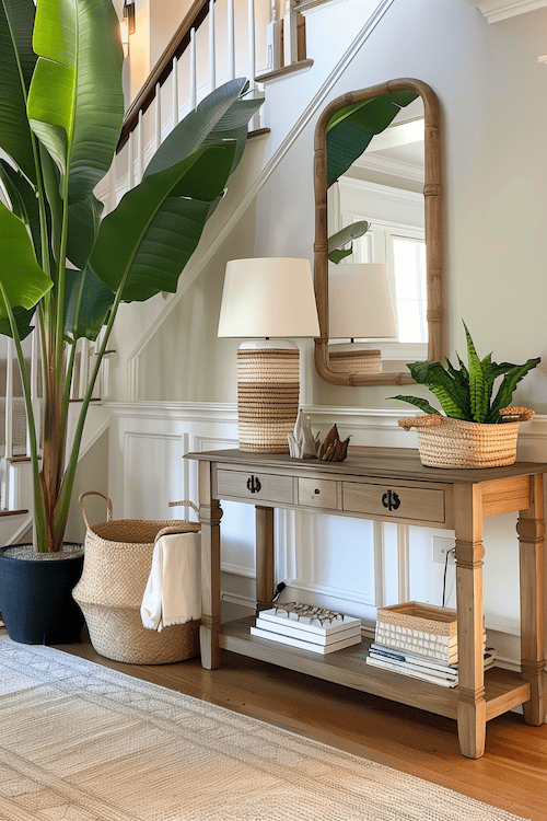 tips for styling an entryway with large tropical plants