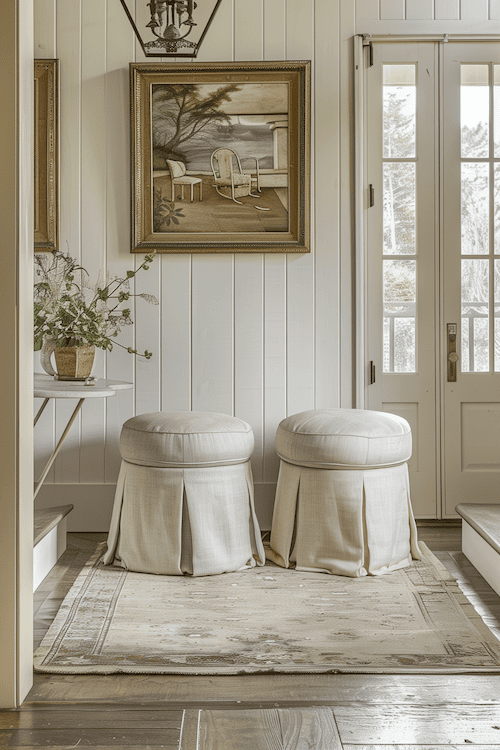 two ottomans in french country style foyer decorating ideas