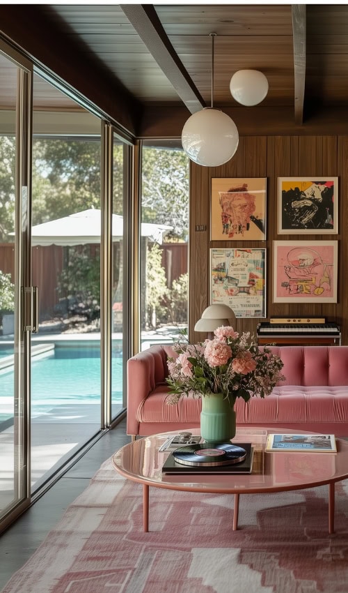 colorful mid-century modern living room with pink sofa