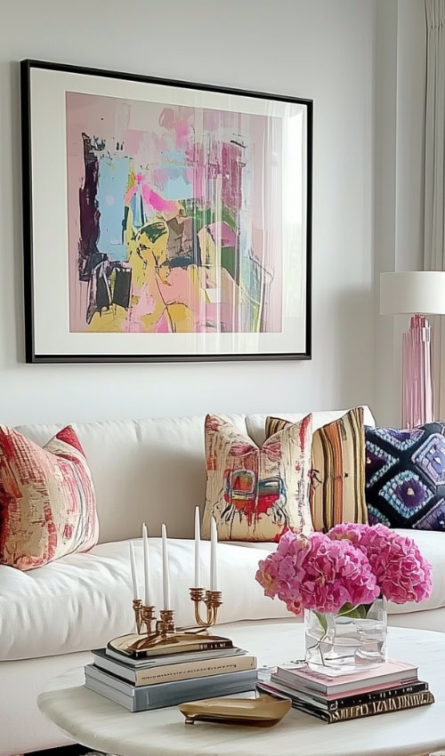 DIY art in living room showing tips for decorating with bright colors