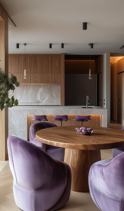 luxury apartment with purple velvet dining chairs and decorating with bright colors