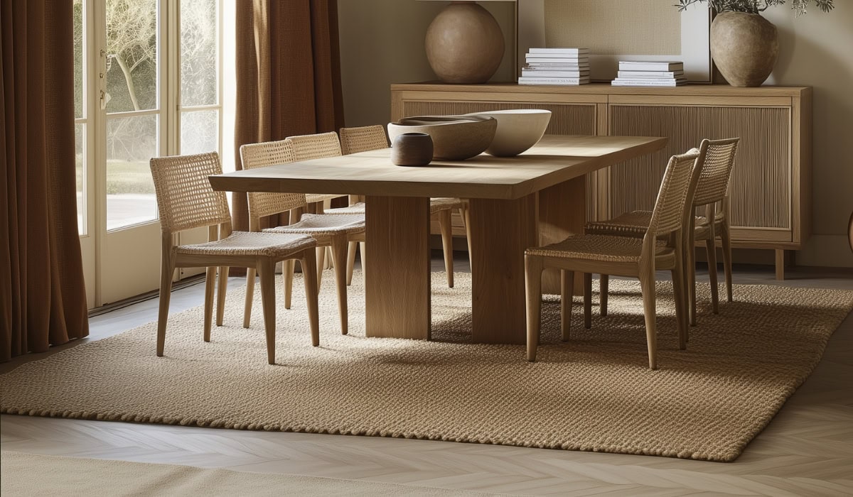 image of a dining room with correct dining room rug size under the table