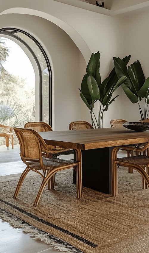 large rug under dining table in california home