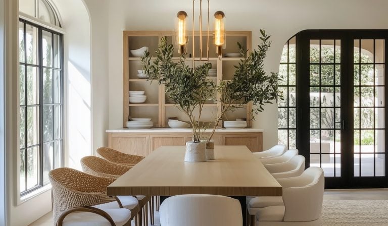 a dining room with modern dining room lighting