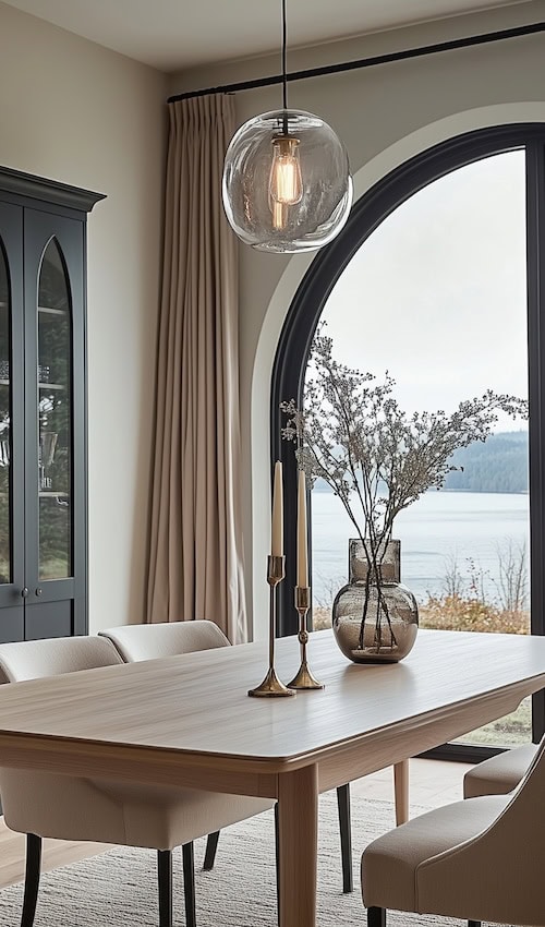 modern glass dining room light fixture above white oak dining table