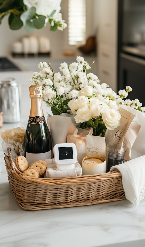 a gift basket filled with elegant housewarming gift ideas on a kitchen counter