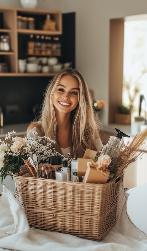 smiling young woman in her new kitchen holding her housewarming gift basket of thoughtful housewarming gift ideas