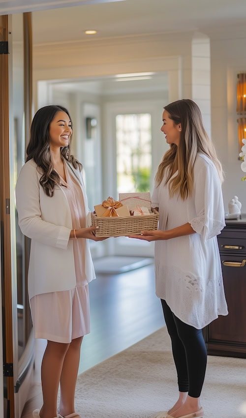 two women exchange house warming gift basket 