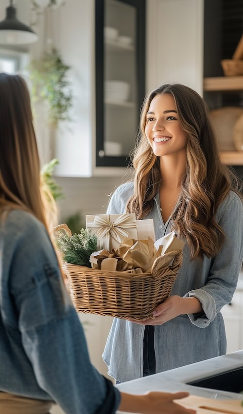 young woman smiles as she receives a housewarming gift box