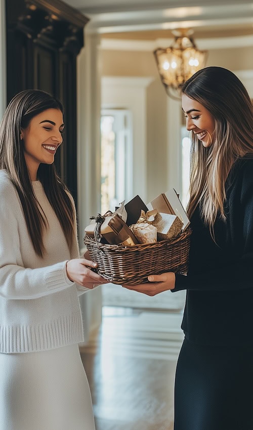 friends exchanging house warming gift ideas in a new home