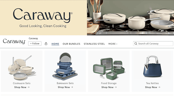 caraway website screenshot showing various PFOA-free cookware options