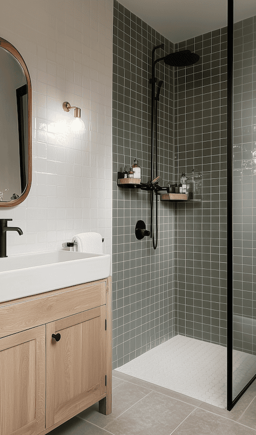 organic materials in tiny bathroom looks more spacious with floor to ceiling tiles