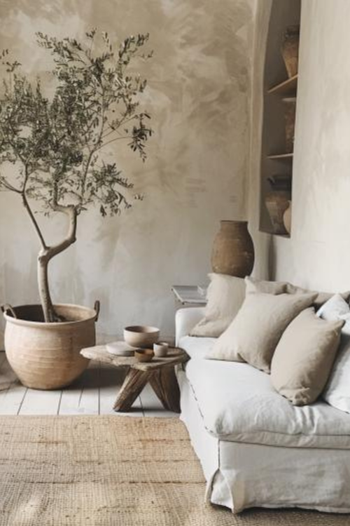 earthy organic modern living room with limewash walls