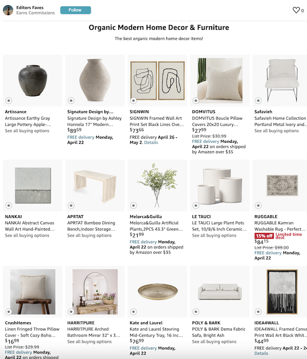 example of a list of organic modern home decor found at Amazon