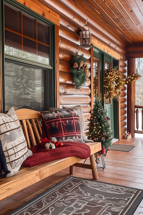 Christmas cabin front porch decorated with festive decor and seating