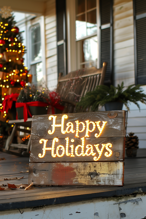 Wooden Happy Holidays sign on front porch decorated for Christmas