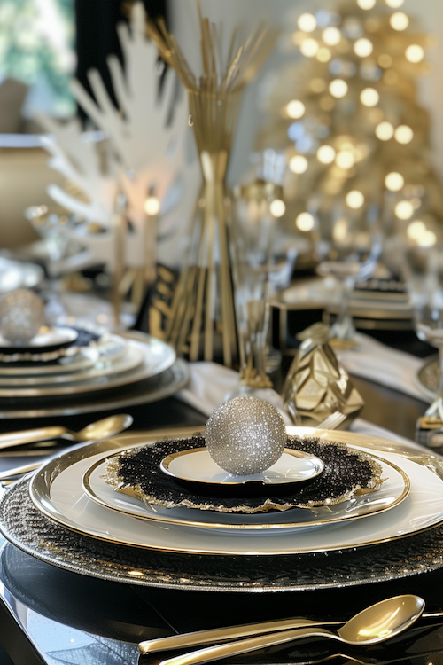 Chic black, white, gold table setting