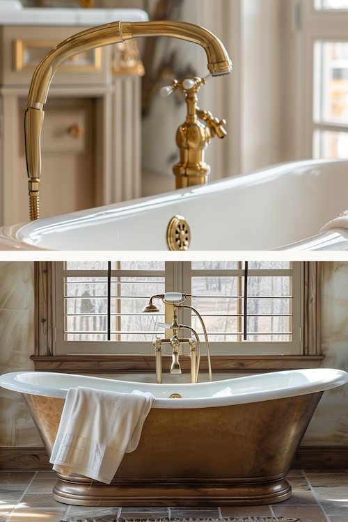 two styles of brass accents in bathroom on trend