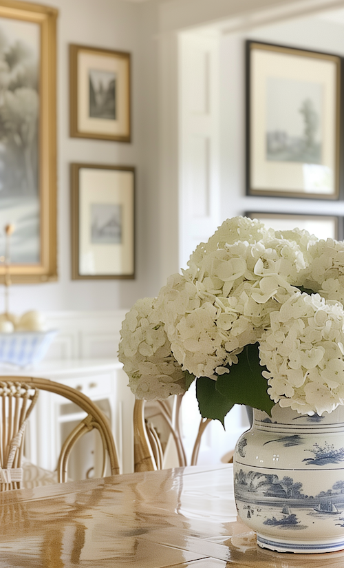 close up of hydrangeas in a cottage dining room