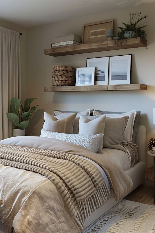 a nicely made bed sits under floating wall shelves decorated with photographs and decor