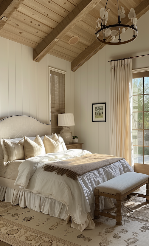 elegant bedroom in luxury modern french country cottage as early morning sunshine cascades through the windows
