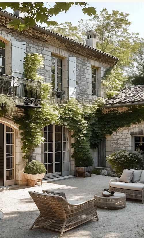 exterior views of french country cottage with ivy growing up side and patio furniture