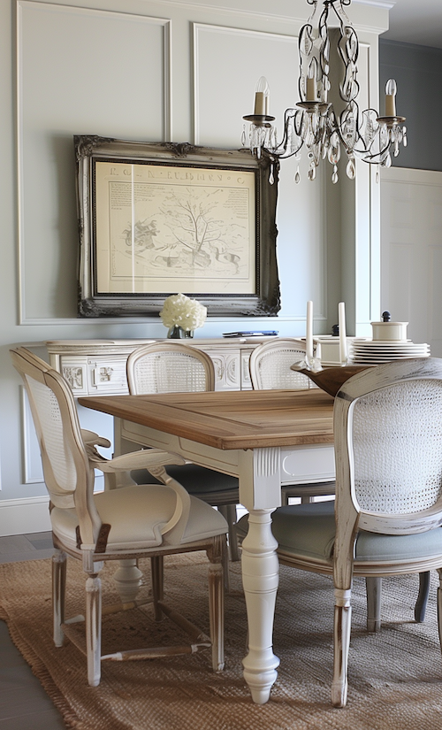 Elegant french country cottage dining room with vintage furniture