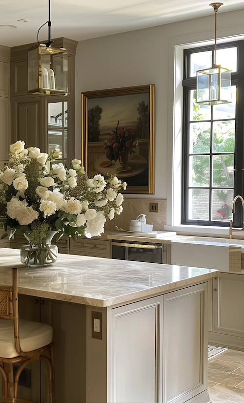 close up of fresh flowers on the kitch island in modern cottage kitchen