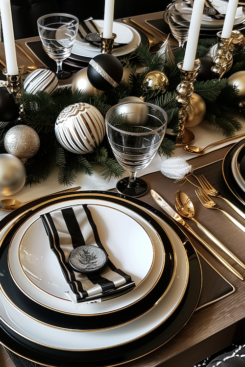 Try these Glam black and white Christmas table setting ideas