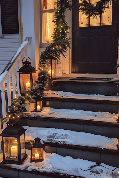 Lanterns on snowy porch: Christmas front door decor