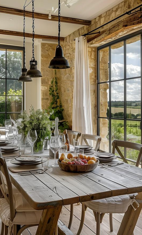 lively french cottage dining room with bistro furniture and big windows looking out to countryside