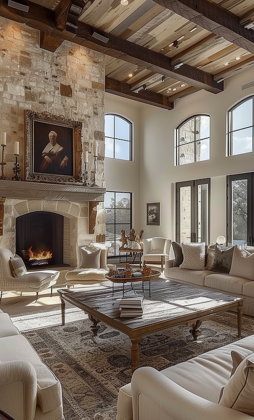 grand and luxury modern french country cottage with ceiling beams and fireplace