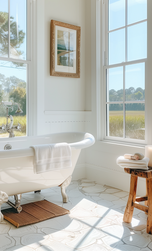 a modern cottage bathroom with vintage clawfoot bathtub with windows overlooking the French countryside