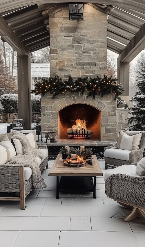 festive and cozy outdoor patio with fireplace on winter day