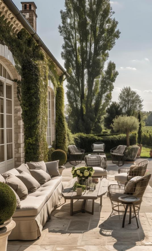 patio furniture outside of a luxurious french cottage surrounded by greenery