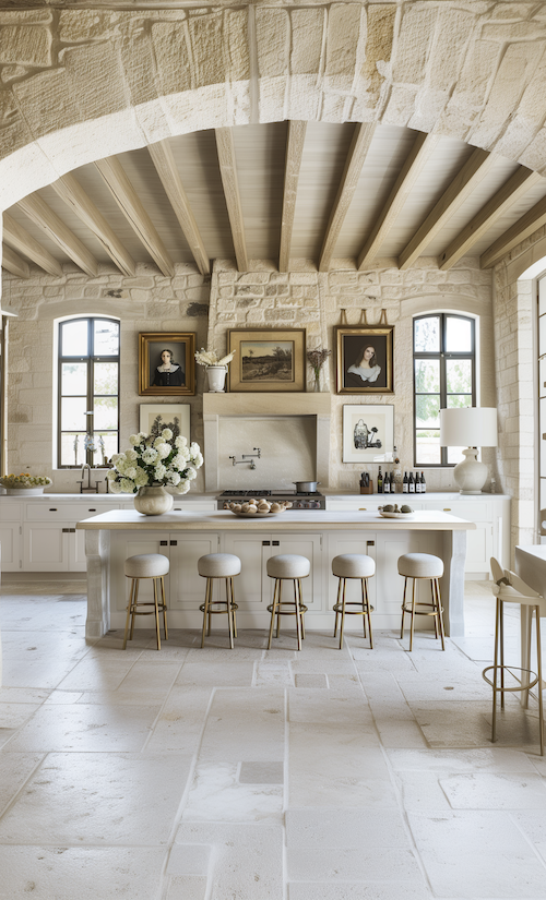 rustic french cottage kitchen with modern island and fixtures