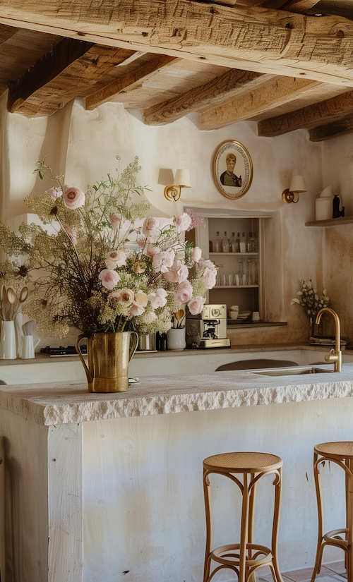 rustic french country kitchen with modern updates and fresh flowers on kitchen Island