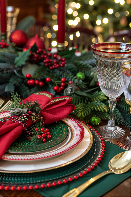 Christmas table setting with traditional red and green colors
