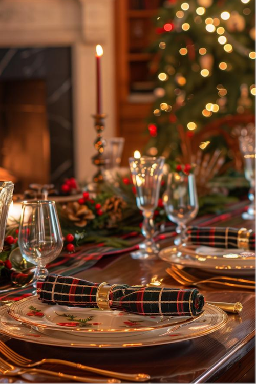 Cozy red and green Christmas table setting