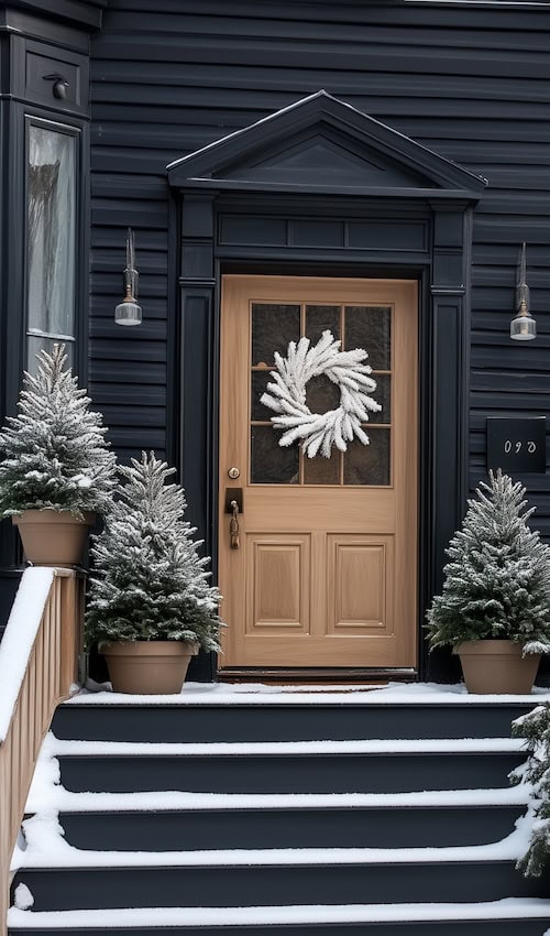 seasonal plants on front porch on winter day