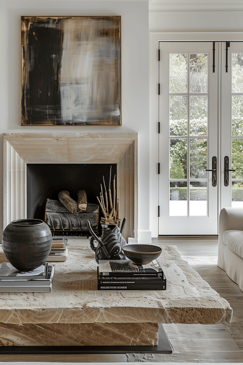 sophisticated simple modern organic living room with travertine coffee table