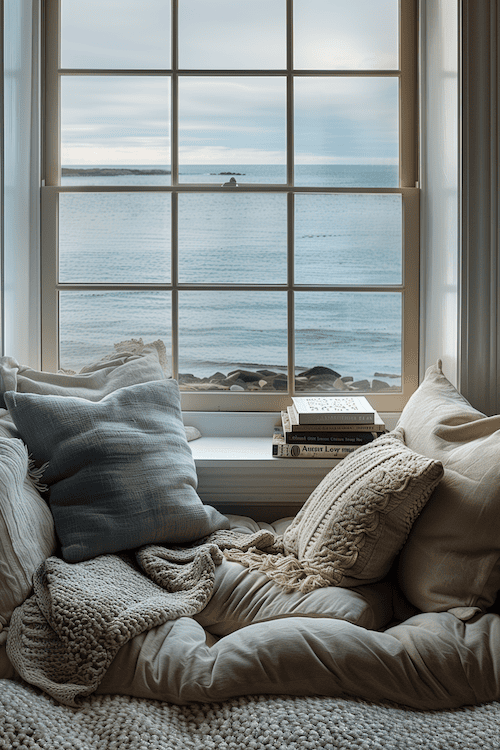 cozy reading nook in coastal bedroom looking out to ocean