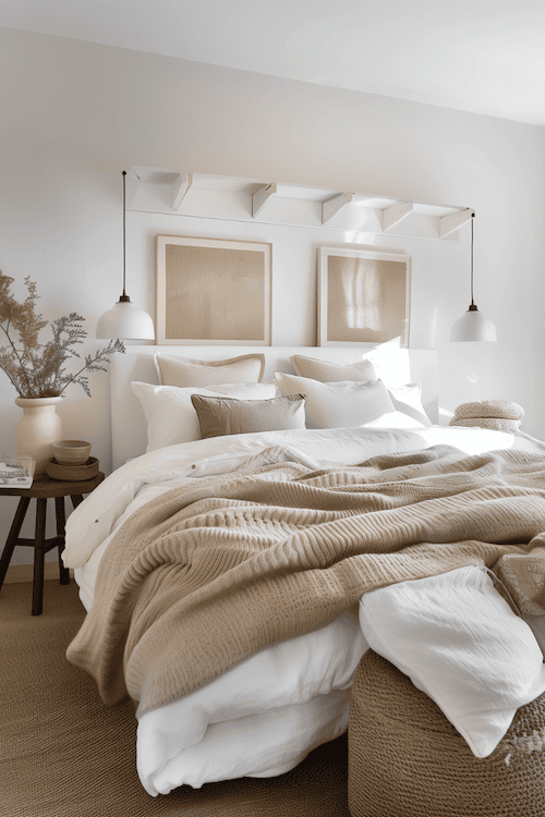 coastal bedroom styled with texture in the bedding and art