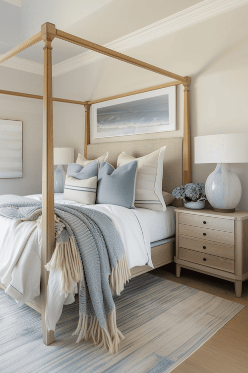 blue lamp on bedside table in coastal bedroom