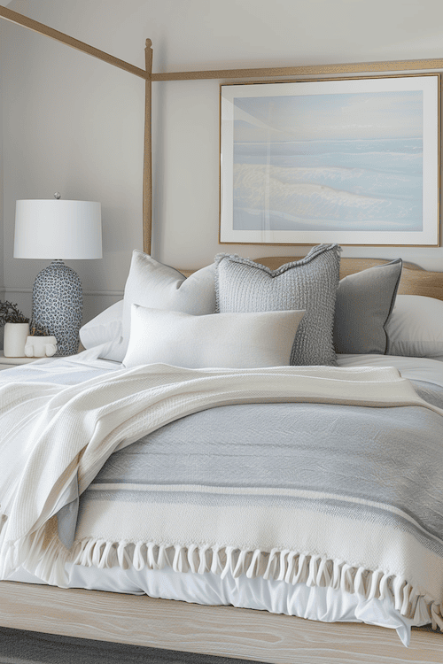 subtle beach art print in coastal bedroom